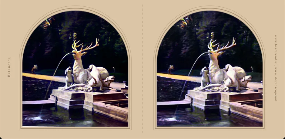 The same stereo card of the stag fountain, coloured by the Vivid model on the phone