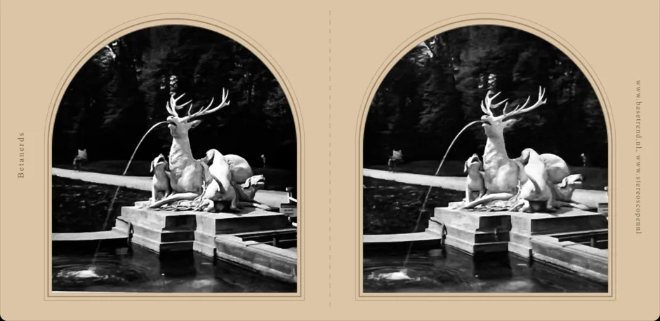 A black and white stereo card of a stag fountain, converted to an MPO and shown side by side in the Underwood passepartout