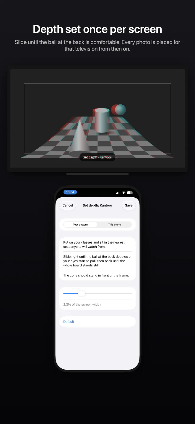 The television showing the chessboard test pattern with a cone, a cylinder and a ball, and the iPhone below it with the Set depth sheet and its slider at 2.3% of the screen width