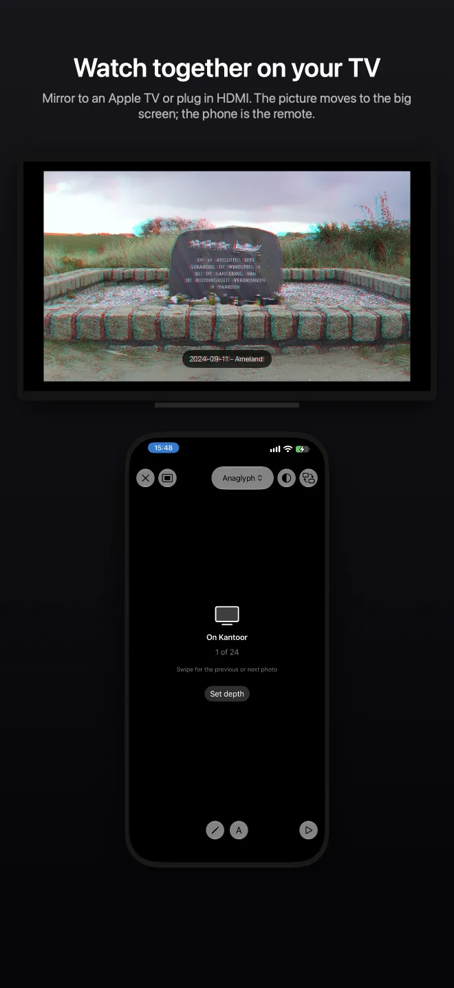 A television showing a stereo photo as a red/cyan anaglyph, with the iPhone below it showing the remote panel: On Kantoor, 1 of 24, Set depth