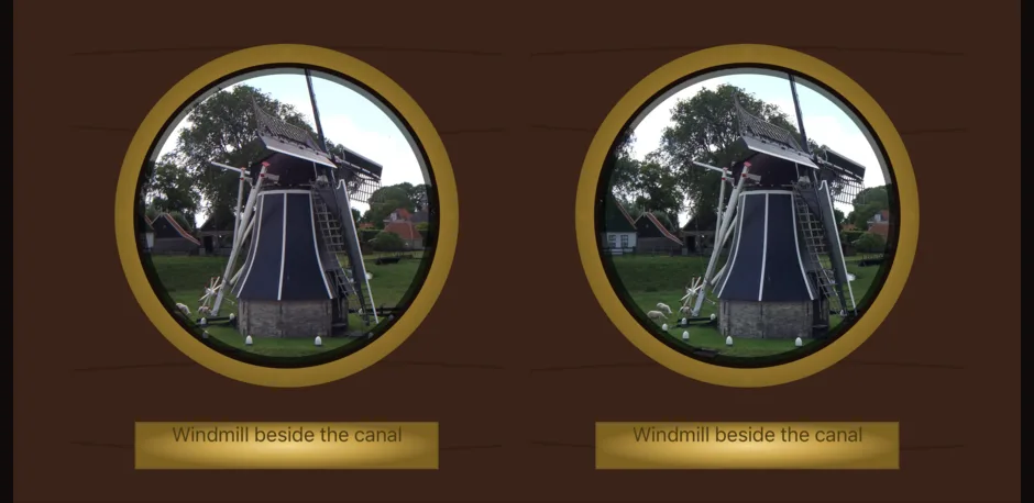 The same photo behind the round brass apertures of the Kaiserpanorama frame