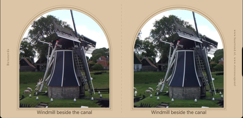 A stereo photo of a windmill mounted in the Underwood stereo-card frame