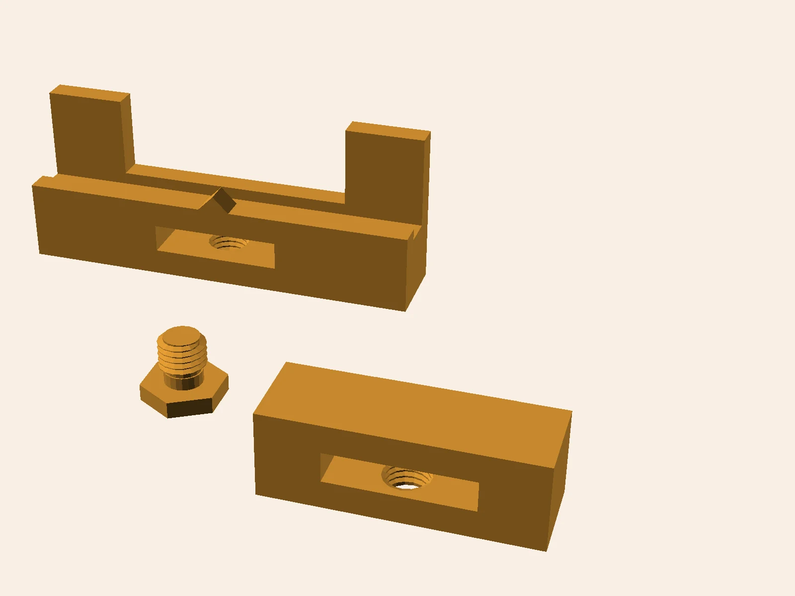 The iPhone holder, its bolt and the tripod mount, rendered from the STL files as a stereo pair